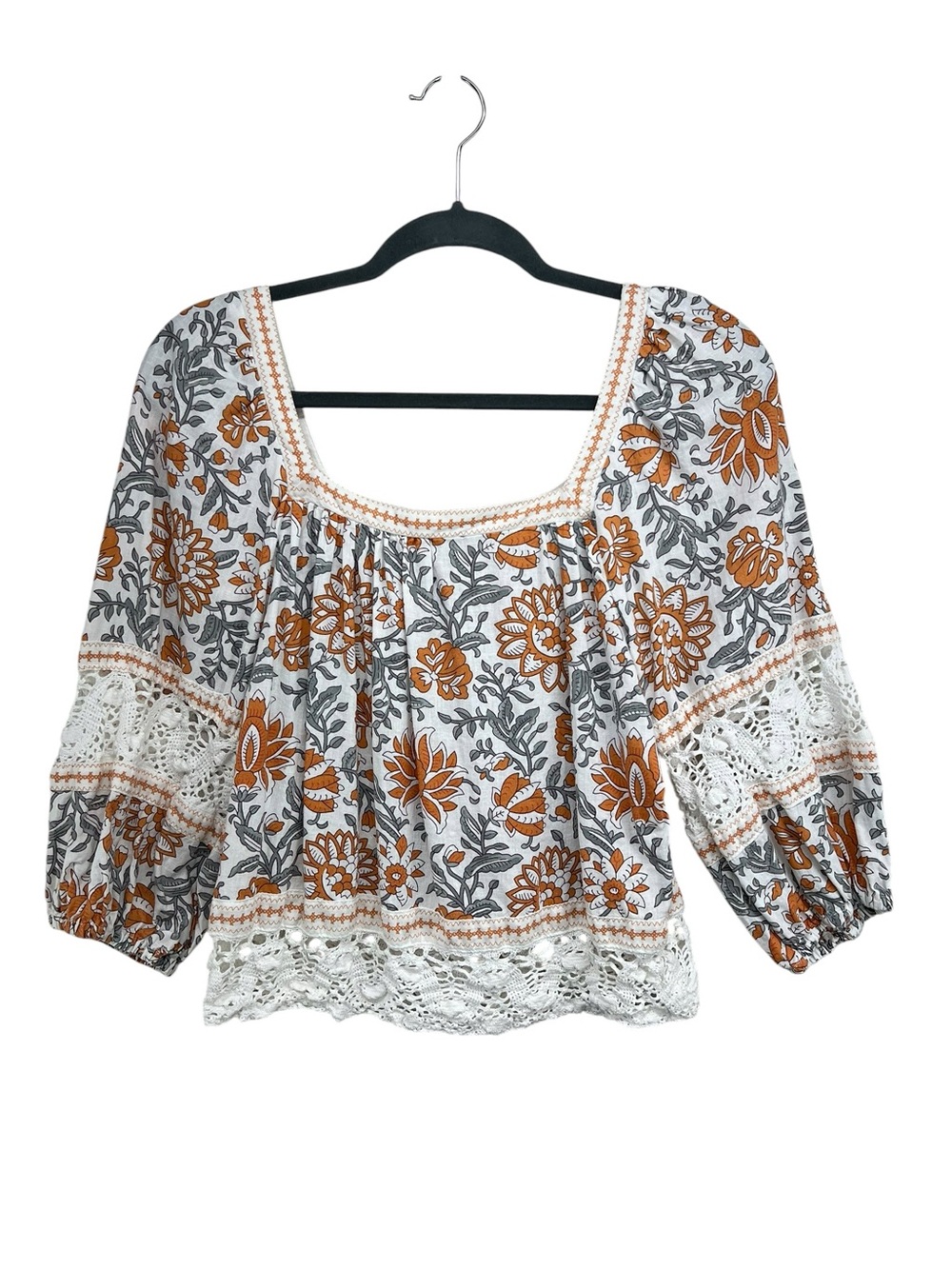 Rachel Zoe Orange Gray Square Neck Crochet Detail Linen Blend Boho Peasant Crop
